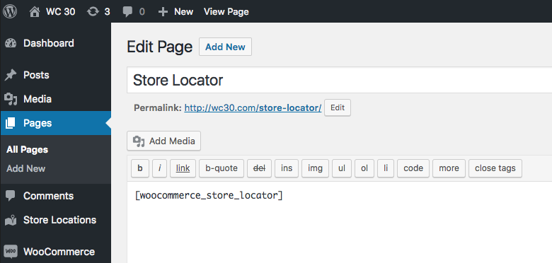 The store locator search page just needs the shortcode woocommerce_store_locator