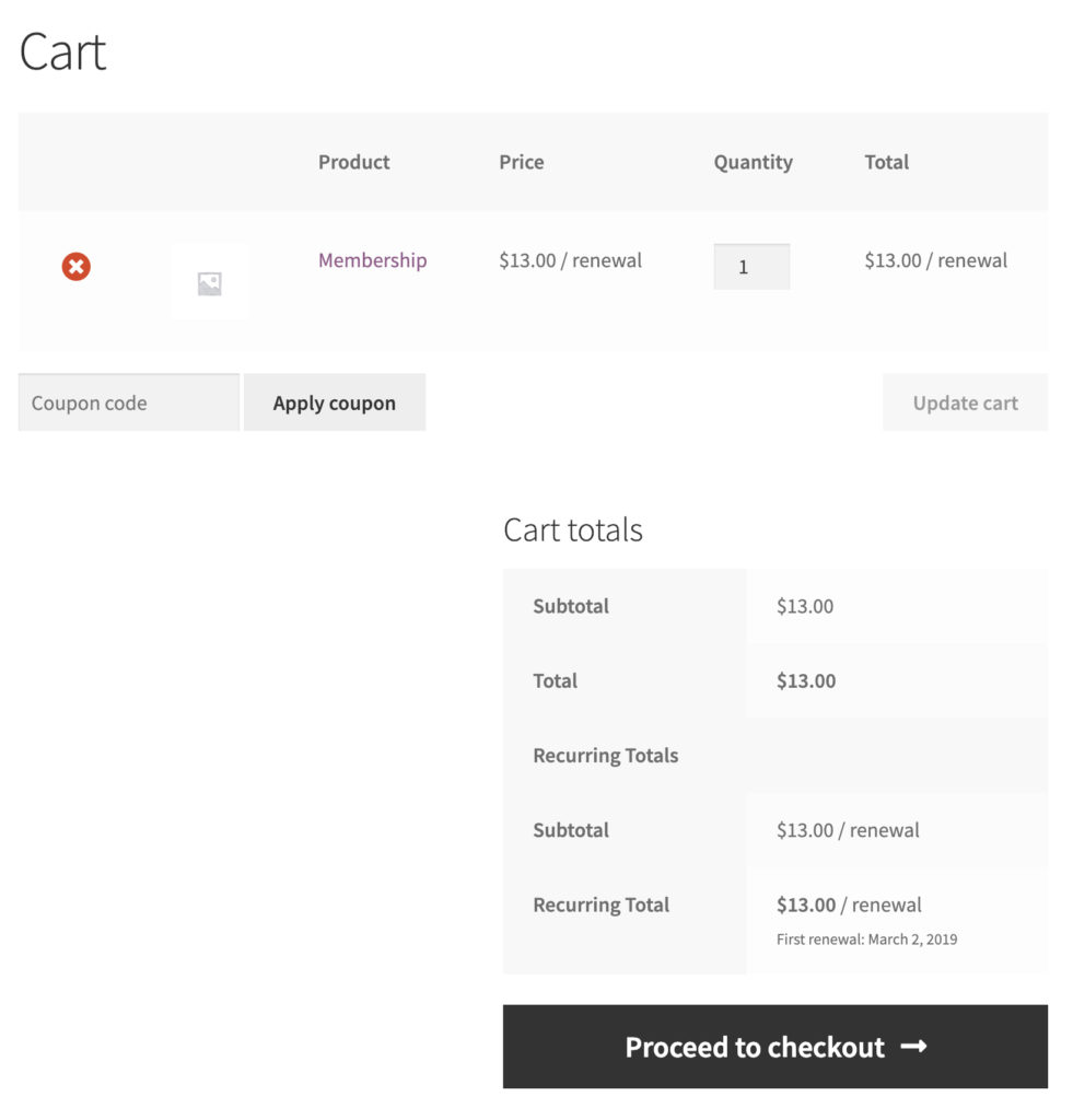 Cart view of custom renewal schedule