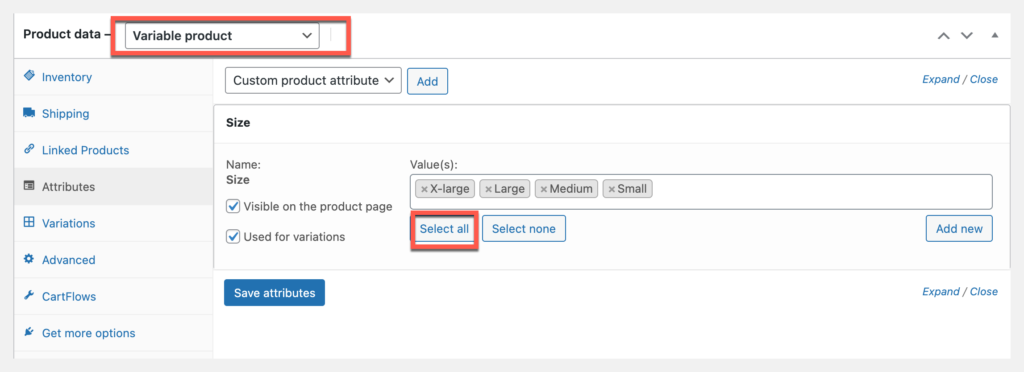 variable product woocommerce attribute settings