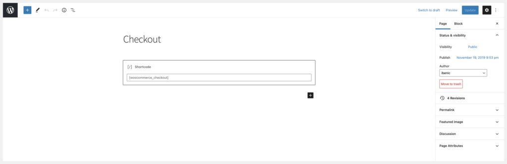 wordpress page editor checkout page shortcode block