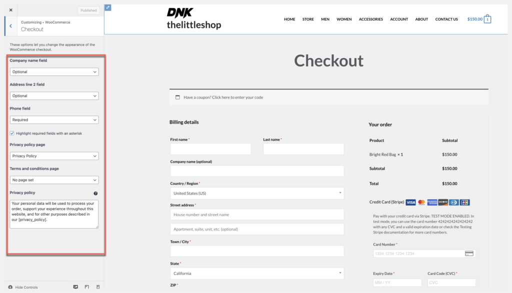 edit checkout page fields