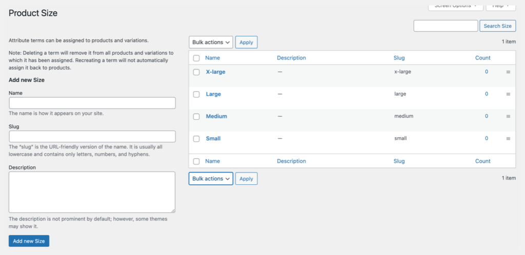 global attributes settings page add size values