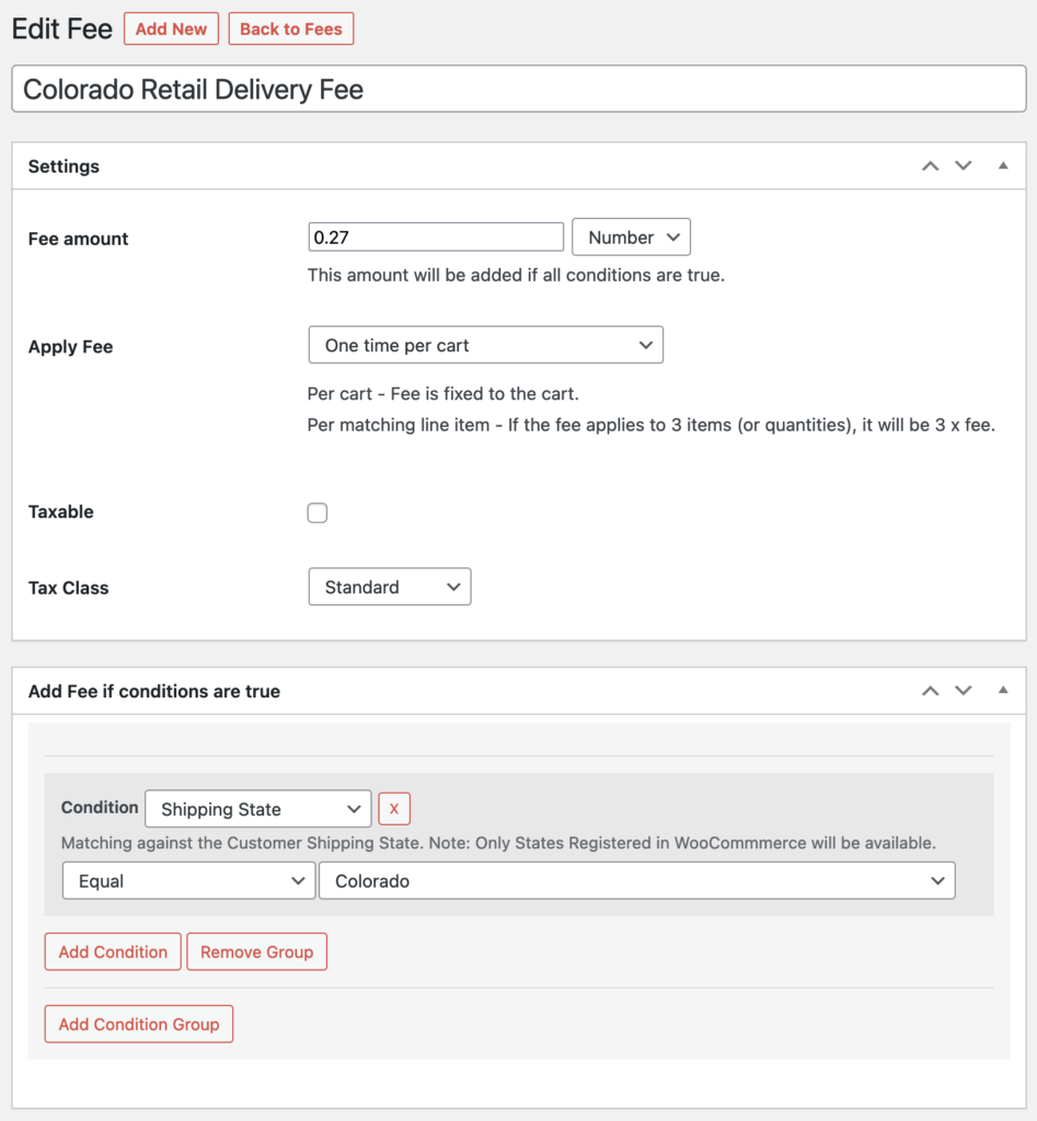 Colorado Retail Delivery Fee meta boxes.