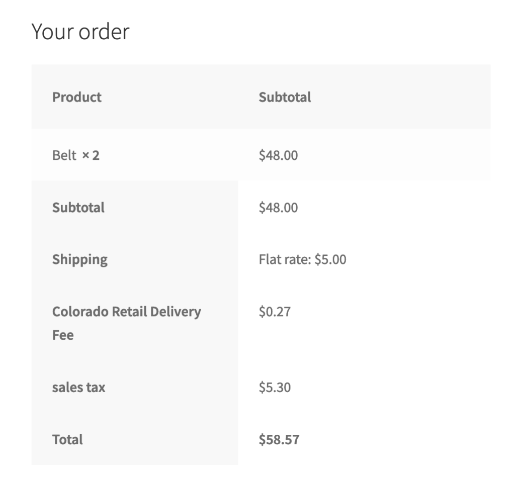 Colorado Retail Delivery Fee showing in WooCommerce cart.