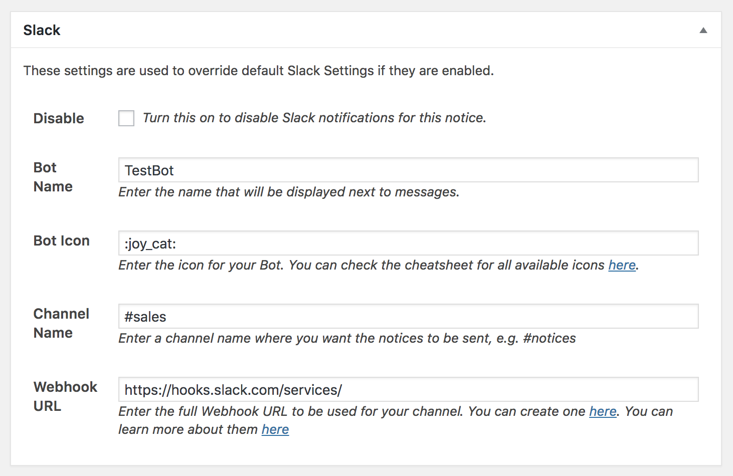 Notices Slack Settings